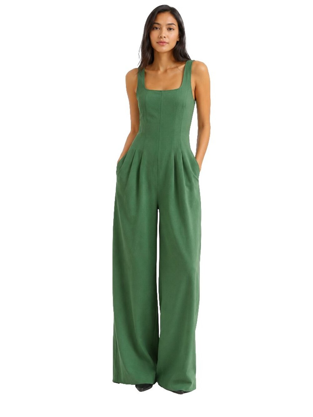 Abercrombie Fitch Green Wide Leg Jumpsuit LP Square Neck Pockets Elegant